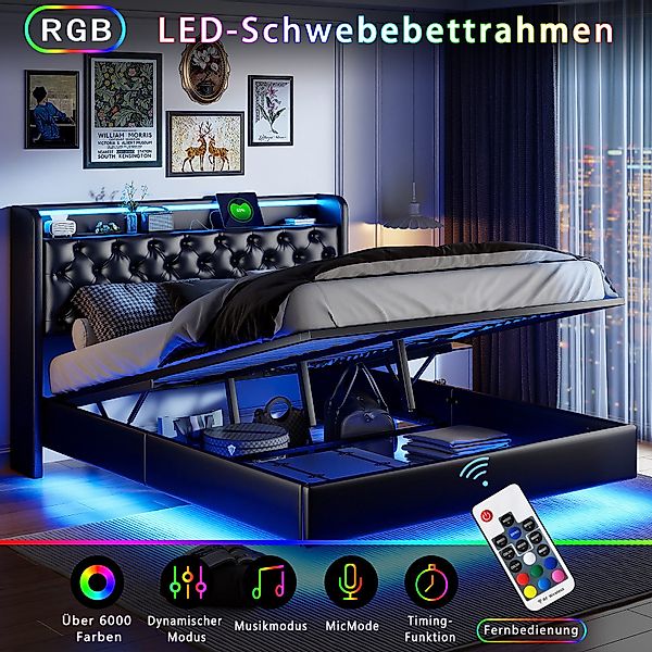 FUROKOY Polsterbett LED-Beleuchtung Hydraulisches Doppelbett (Set, günstig online kaufen