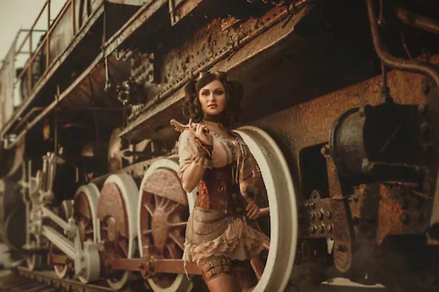 Papermoon Fototapete »Steampunk Frau vor Zug« günstig online kaufen
