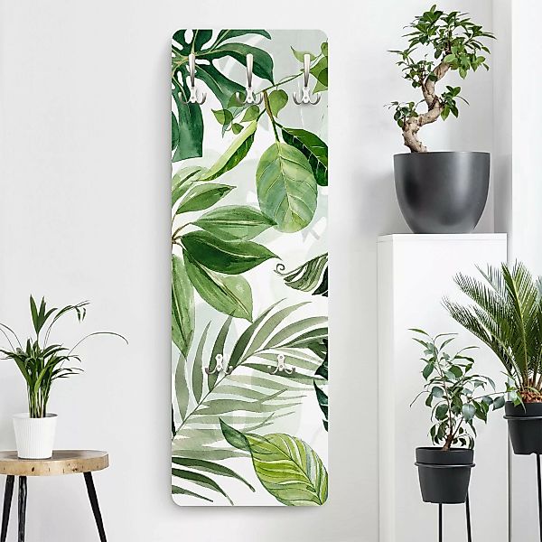 Wandgarderobe Holzpaneel Aquarell Tropische Blätter und Ranken günstig online kaufen