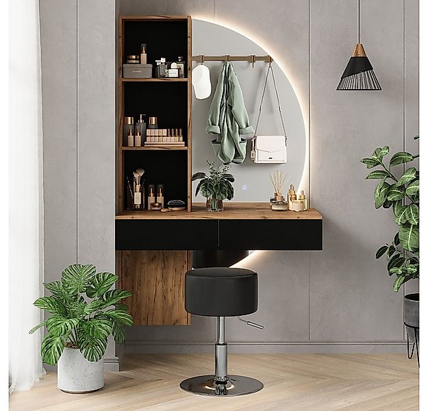 Vicco Schminktisch Melora, Eiche/Schwarz, 100 cm mit LED-Spiegel und Hocker günstig online kaufen