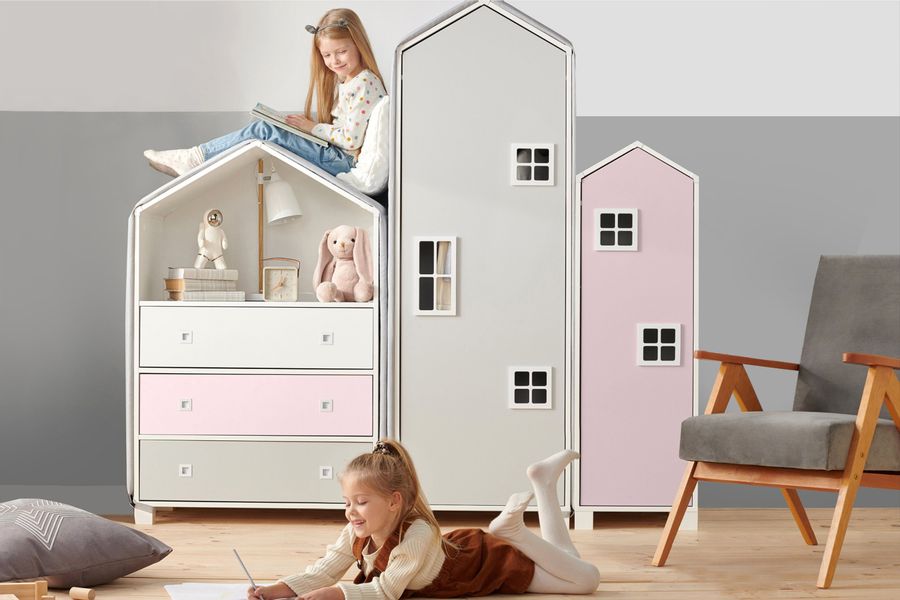 KONSIMO® Kinderkleiderschrank MIRUM Spielzeugschrank Drehtürenschrank Hausf günstig online kaufen