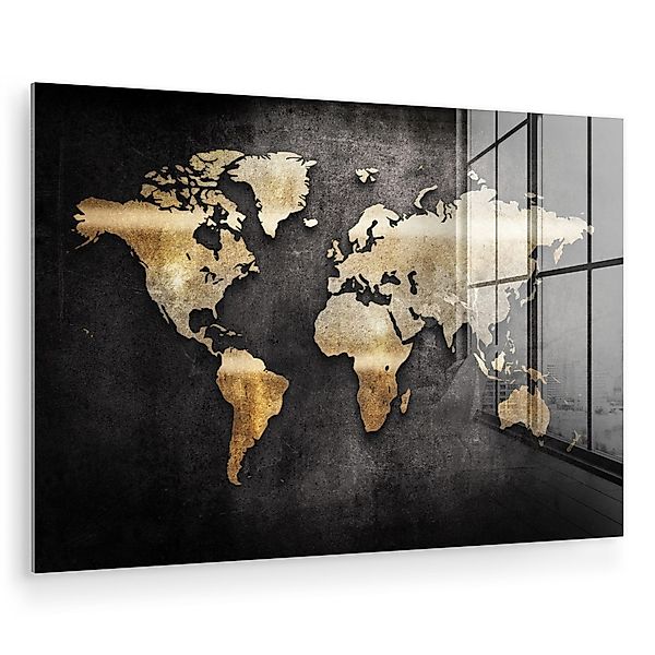 MuchoWow Acrylglasbild Weltkarte - Gold - Schwarz, Inkl. Aufhängung, Glasbi günstig online kaufen