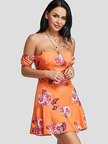 Orange Blumendruck trägerlos Kleid günstig online kaufen
