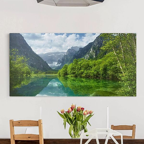 Leinwandbild Berg - Querformat Bergsee mit Spiegelung günstig online kaufen