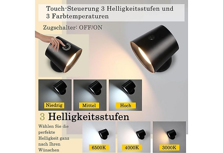ZMH LED Wandleuchte Wohnzimmer Schwarz Akku 360° Drehbar Touch Control 3 He günstig online kaufen