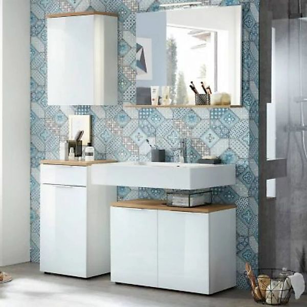 Lomadox Badezimmermöbel Set mit weißer Glasfront LUBLIN-01 LED-Spiegel, Abs günstig online kaufen