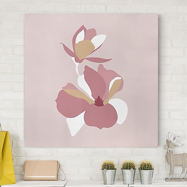 Leinwandbild - Quadrat Line Art Blüten Pastell Rosa günstig online kaufen