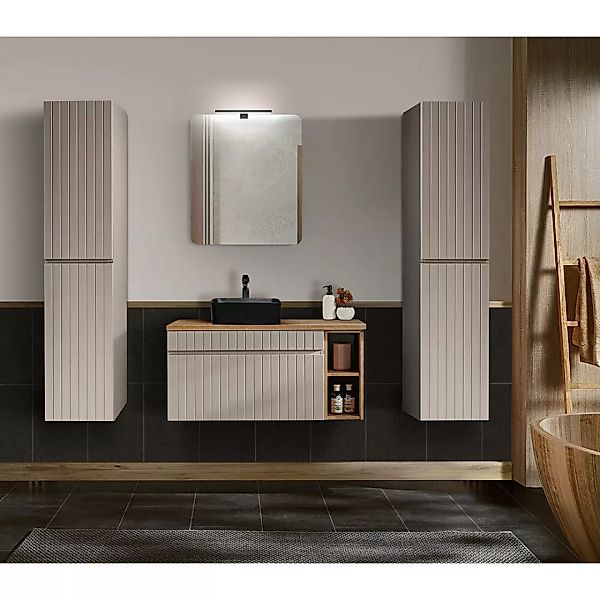 Badezimmer Komplett Set Waschtisch 101 cm IRAKLIO-56-CASHMERE Kaschmir Eich günstig online kaufen