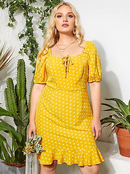 YOINS Plus Größe Polka Dot Lace-Up Design Rüschenbesatz kurze Ärmel Kleid günstig online kaufen