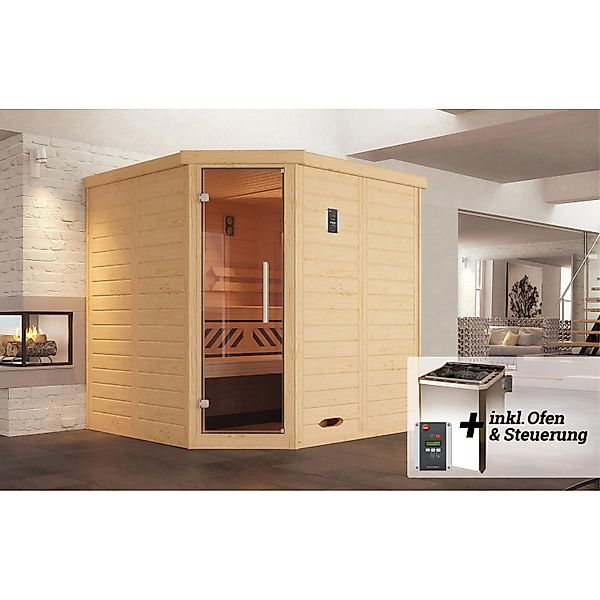 Weka Massivholzelementsauna Kemi Eck Sparset 7,5 kW BioS Glastür günstig online kaufen