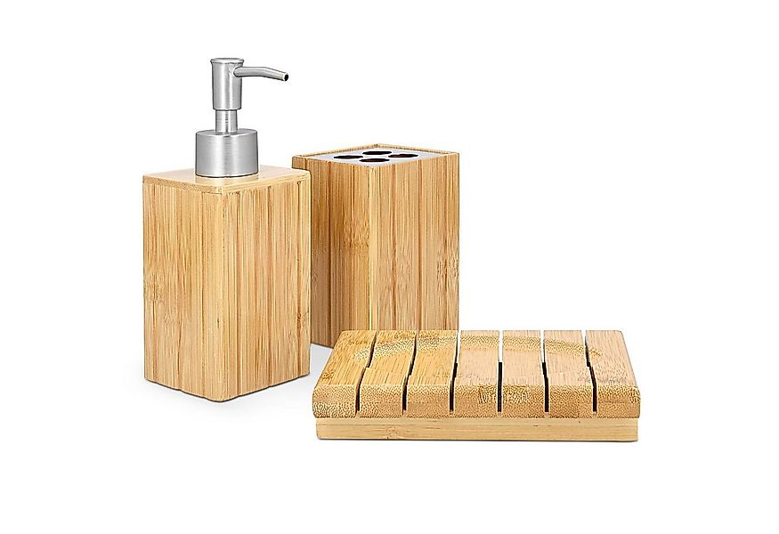 Navaris Badaccessoire-Set Badezimmer Set Bambus 3-teilig - Badzubehör aus B günstig online kaufen