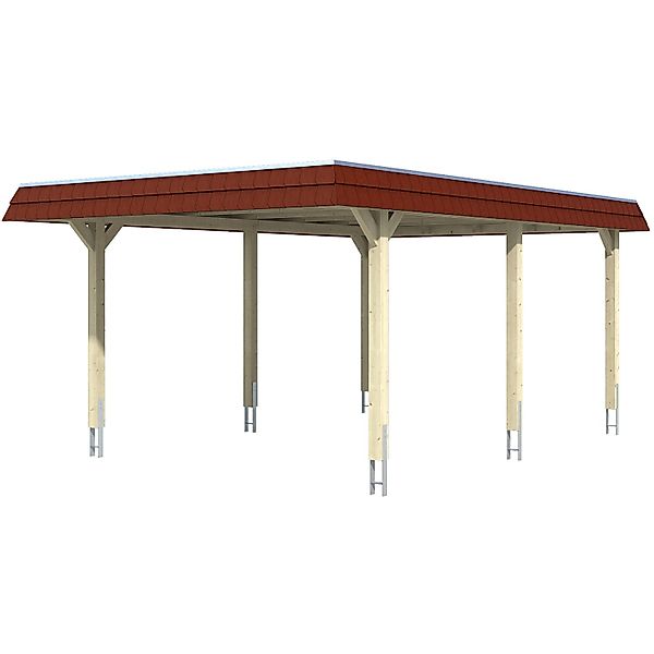 Skan Holz Carport Wendland Natur 409 x 628 cm EPDM-Dach Blende Rot günstig online kaufen