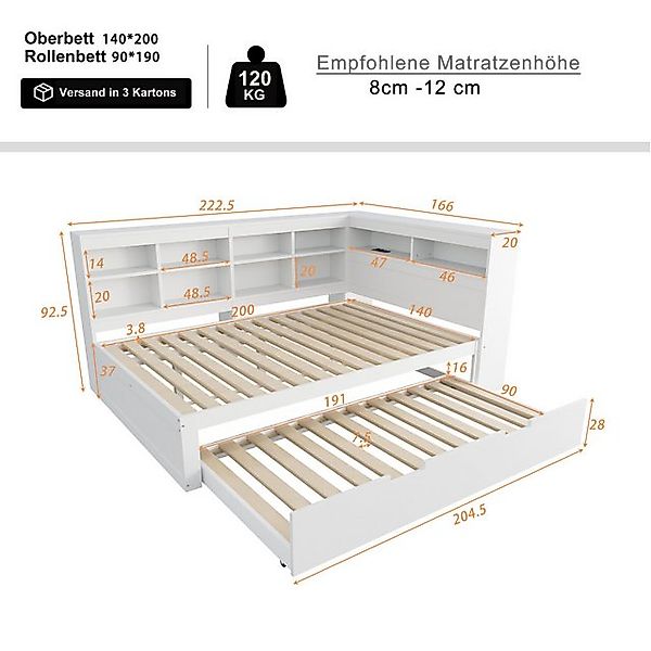 Flieks Massivholzbett, Doppelbett 140x200cm mit Stauraum, USB-Aufladen und günstig online kaufen