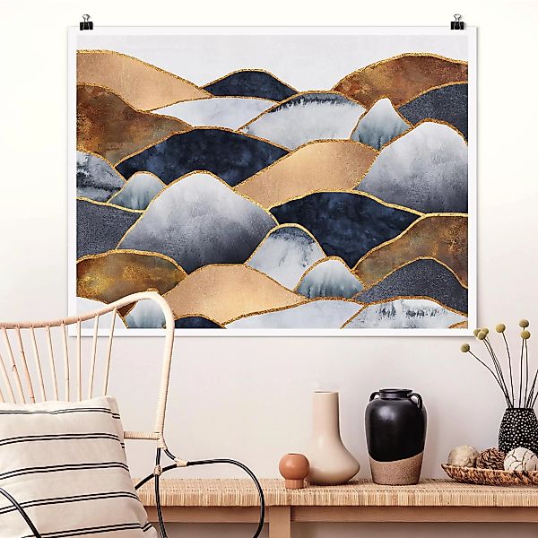 Poster Abstrakt - Querformat Goldene Berge Aquarell günstig online kaufen