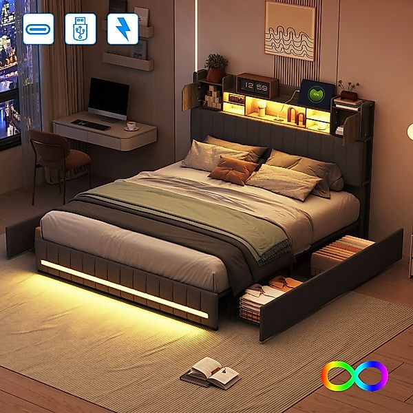 Gdood Polsterbett Stauraumbett LED Doppelbett (1 tlg., Inkl. vier Rollschub günstig online kaufen