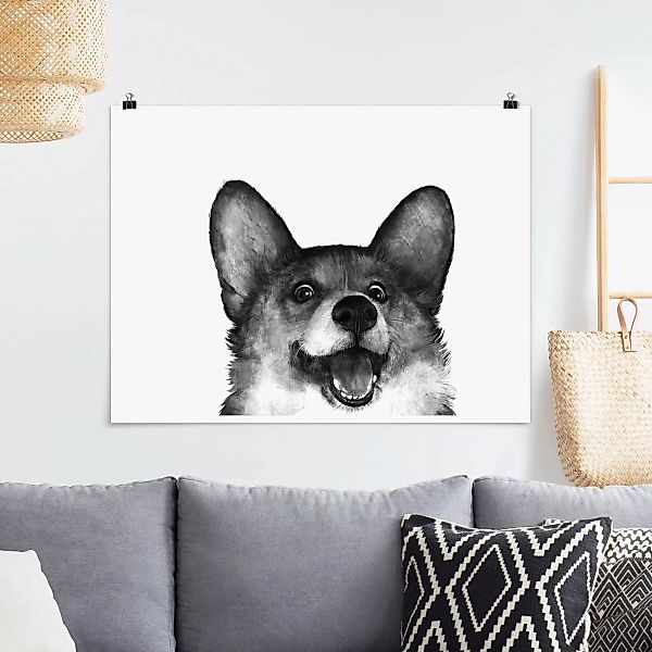 Poster Tiere - Querformat Illustration Hund Corgi Weiß Schwarz Malerei günstig online kaufen