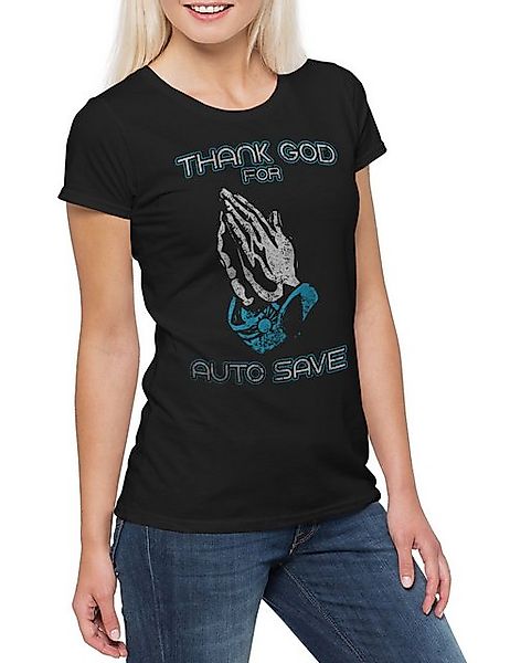 Urban Backwoods Print-Shirt Thank God For Auto Save Damen T-Shirt Games Gam günstig online kaufen