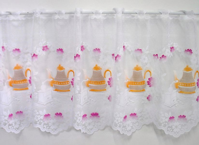 Stickereien Plauen Scheibengardine "Panneau Kaffeeservice" Stangendurchzug günstig online kaufen