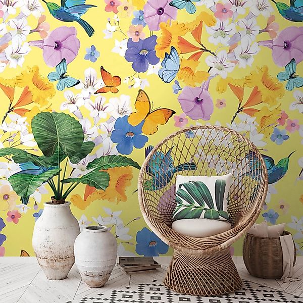 PROFHOME 391971-GU Fototapete Blumen Matt Gelb Blau Weiß Lila 1,59 m x 2,8 günstig online kaufen
