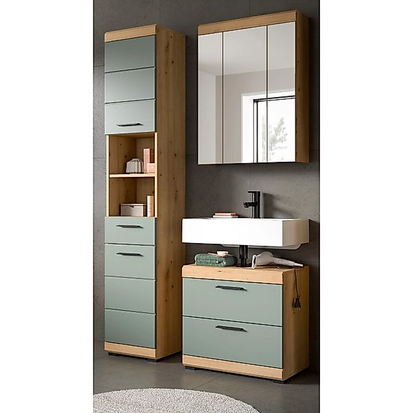 Inn.Furn Badmöbel Set in Grün und Eiche 3-teilig 112 cm Shawn günstig online kaufen