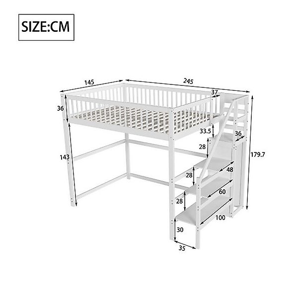 Flieks Hochbett Massivholz Kinderbett 140x200cm mit Treppe und Kleiderstang günstig online kaufen