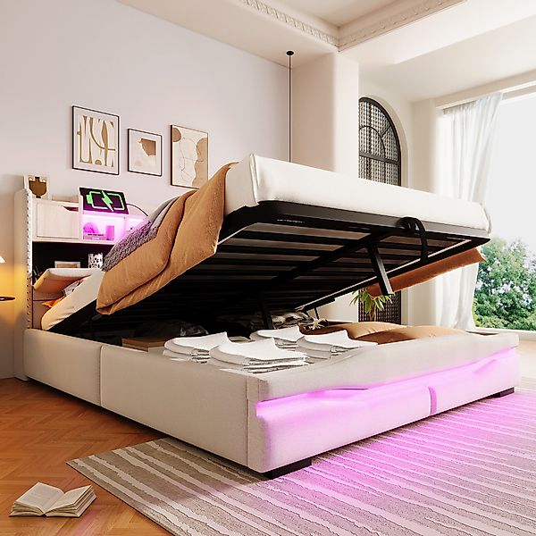 REDOM Polsterbett mit hydraulischem Stauraum, LED-Beleuchtung günstig online kaufen