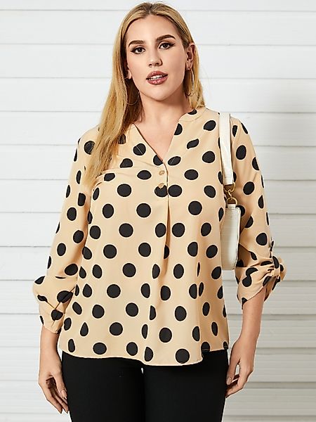 Plus Size V-Ausschnitt Polka Dot Button Design Langarm Bluse günstig online kaufen