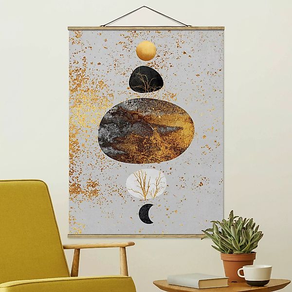Stoffbild Abstrakt mit Posterleisten - Hochformat Sonne und Mond in Goldgla günstig online kaufen