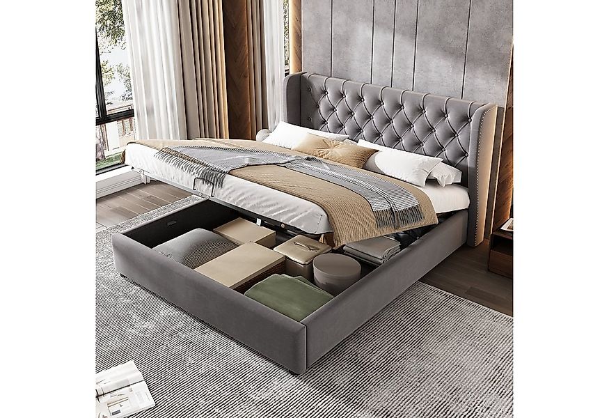 OKWISH Polsterbett Doppelbett Stauraumbett, Kiefernholz Flanell 140*200cm O günstig online kaufen