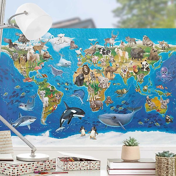Fensterfolie Weltkarte mit Tieren günstig online kaufen