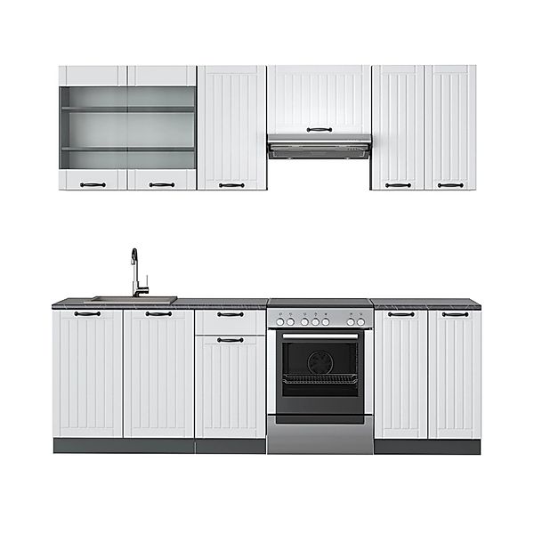 Vicco Fame-Line Küchenzeile Weiß Landhaus/Anthrazit 240 cm AP Anthrazit günstig online kaufen