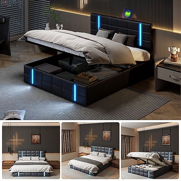 Gdood Polsterbett Doppelbett LED Stauraumbett (Hydraulisch günstig online kaufen