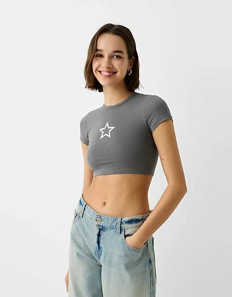 Bershka T-Shirt Mit Print Damen S Grau günstig online kaufen