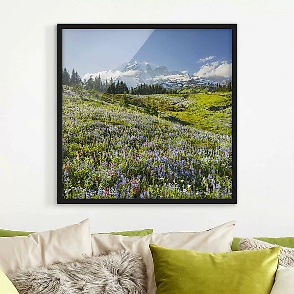 Bild mit Rahmen Natur & Landschaft - Quadrat Bergwiese mit roten Blumen vor günstig online kaufen