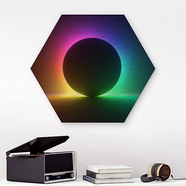 Hexagon-Holzbild Schwarzer Kreis mit Neonlicht günstig online kaufen