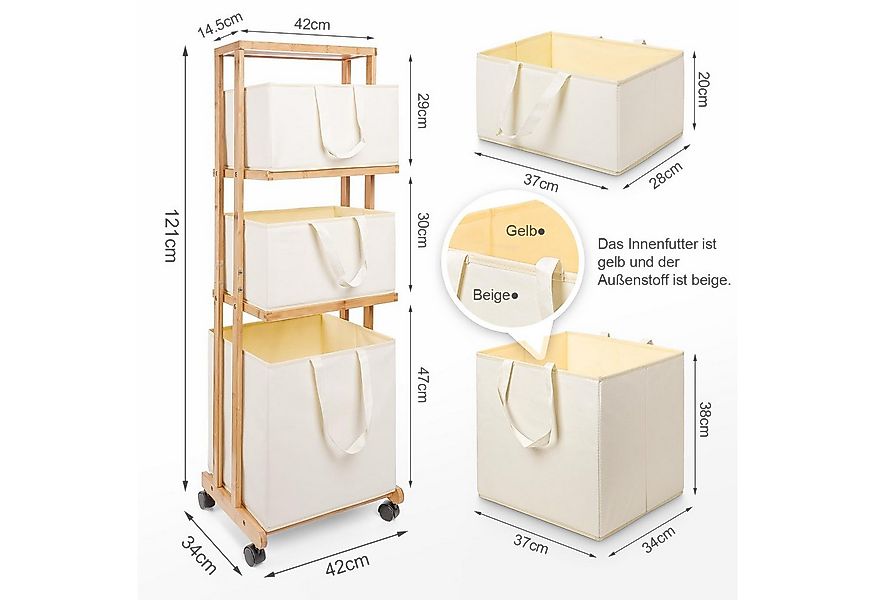 Yorbay Wäschekorb 3 Fächer aus Bambus mit Rollen (Wäschesammler mit 3 abneh günstig online kaufen