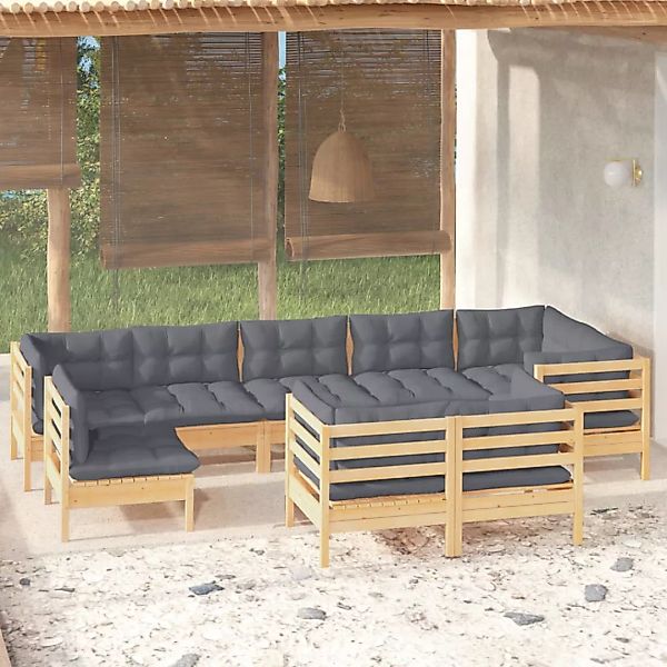 9-tlg. Garten-lounge-set Mit Grauen Kissen Kiefer Massivholz günstig online kaufen