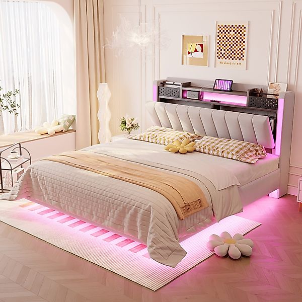 Flieks Polsterbett, LED Schwebebett Doppelbett 140x200cm günstig online kaufen