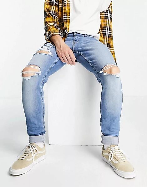 Hollister – Supereng geschnittene Jeans im Used-Look in heller, mittlerer W günstig online kaufen