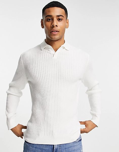 Topman – Langärmliges, geripptes Poloshirt in Ecru-Weiß günstig online kaufen