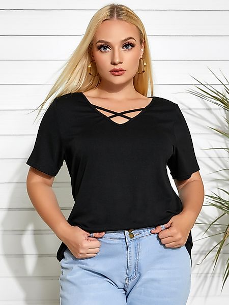 YOINS Plus Größe V-Ausschnitt Criss-Cross Short Sleeves T-Shirt günstig online kaufen