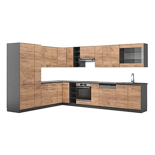 Vicco Fame-Line Eckküche Goldkraft Eiche/Anthrazit 347 x 257 cm ohne Arbeit günstig online kaufen