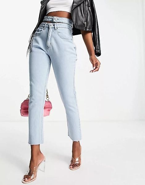 Lasula – Jeans mit geradem Bein in Blau und doppeltem Taillenband günstig online kaufen
