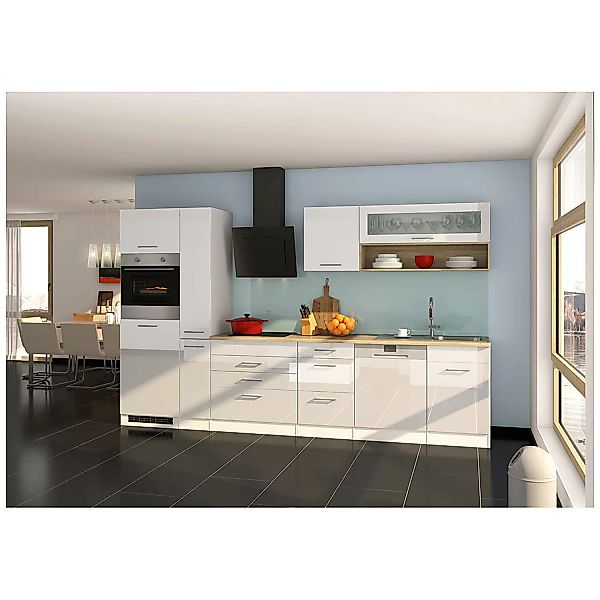Küchenzeile Hochglanz weiß 330 cm MARANELLO-03 inkl. E-Geräte, Design-Glash günstig online kaufen