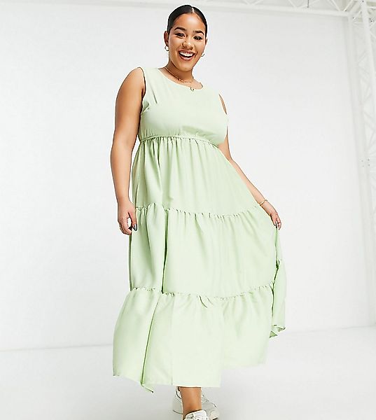 Urban Threads Plus – Ärmelloses gestuftes Sommerkleid-Grün günstig online kaufen
