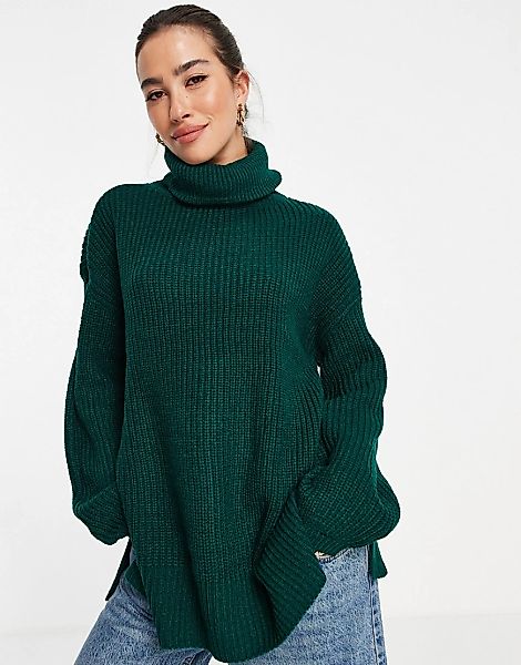 Vero Moda – Longline-Pullover aus Wollmischung mit Rollkragen in Dunkelgrün günstig online kaufen