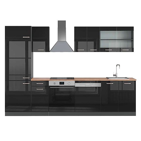 Vicco R-Line Küchenzeile Schwarz Hochglanz/Anthrazit 300 cm AP Eiche ohne E günstig online kaufen