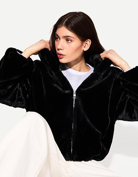 Bershka Kapuzenjacke Aus Kunstfell Damen S Schwarz günstig online kaufen