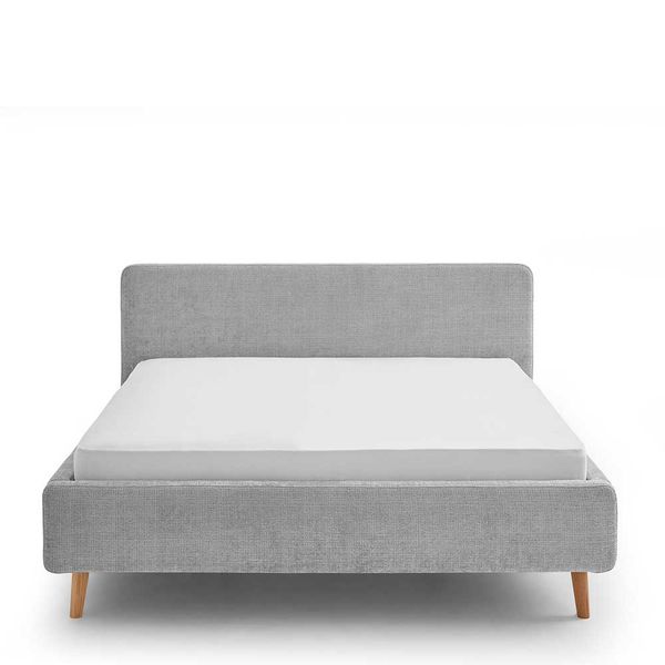Doppeltbett Grau modern aus Boucle Stoff Eiche Massivholz günstig online kaufen
