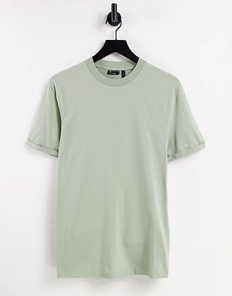 ASOS DESIGN – T-Shirt aus Bio-Material mit Rollärmeln in verwaschenem Khaki günstig online kaufen